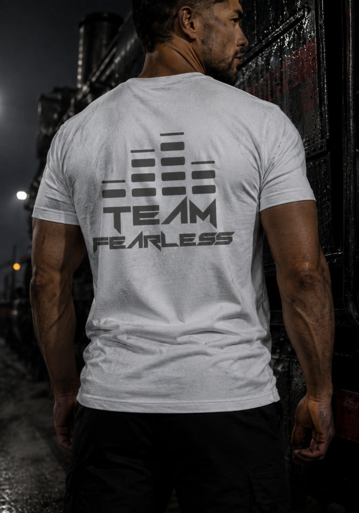 TEAM FEARLESS Logo Staple T-shirt - GREY PRINT (Front & Back)