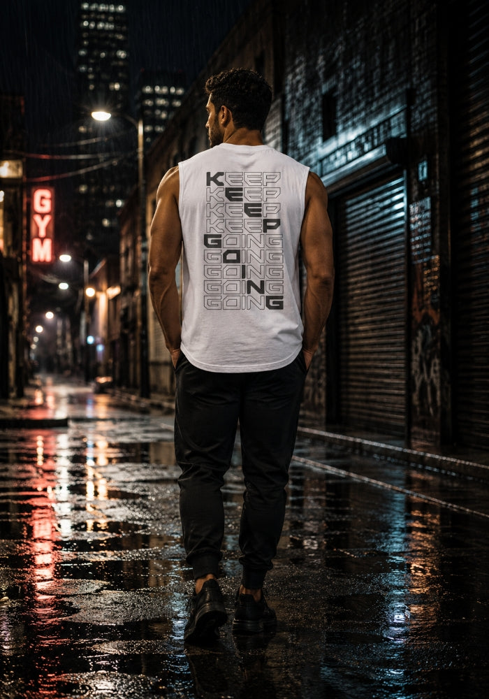 KEEP GOING (Back Print) Men's Muscle Shirt - White