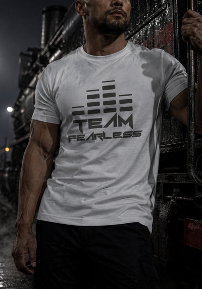 TEAM FEARLESS Logo Staple T-shirt - GREY PRINT (Front & Back)