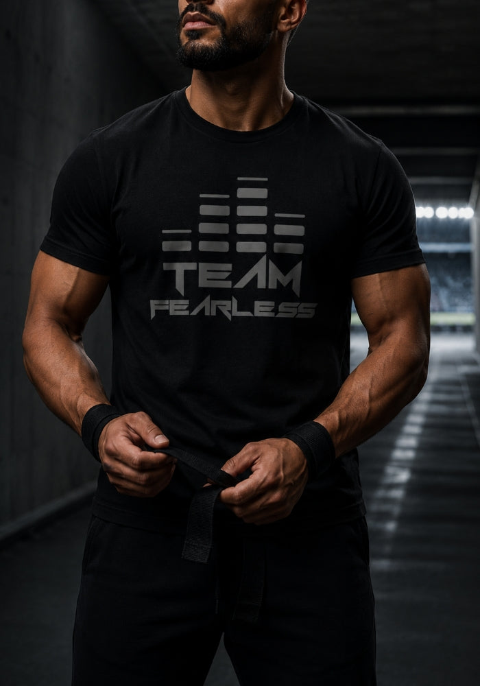 TEAM FEARLESS Logo Staple T-shirt - GREY PRINT (Front & Back)
